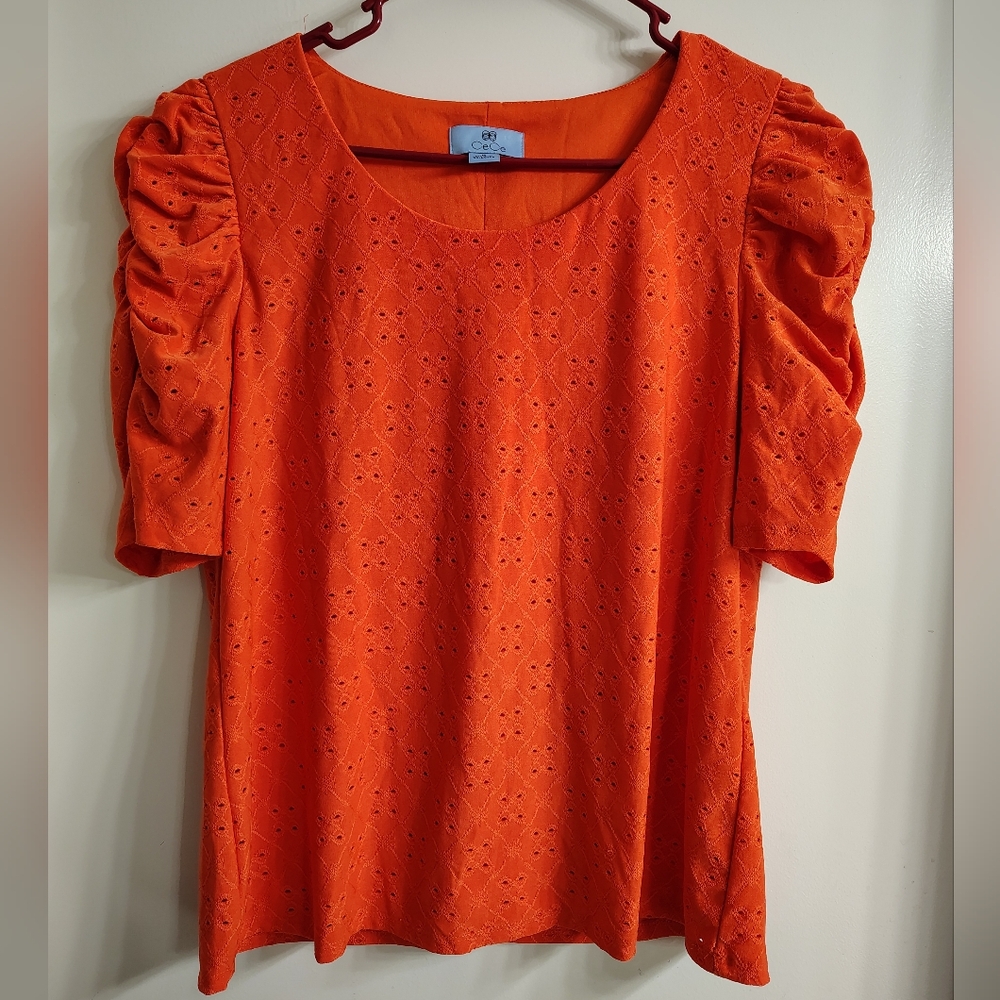 CeCe Orange Puff Sleeve Ruched Blouse